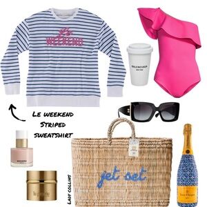 Le Weekend Sweatshirt Blue & White Striped With Pink Chenille Letters